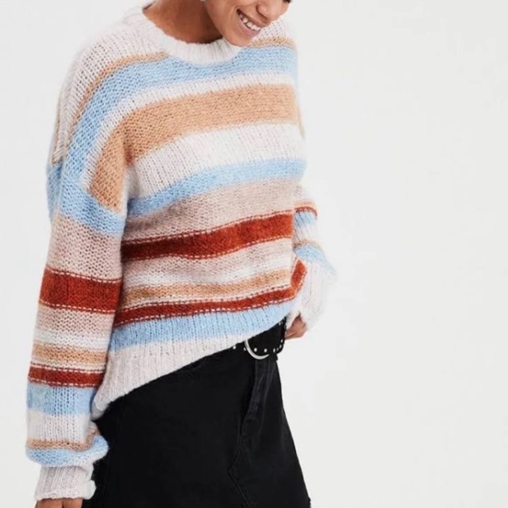 American Eagle Striped Chunky Knit Wool Blend Sweater